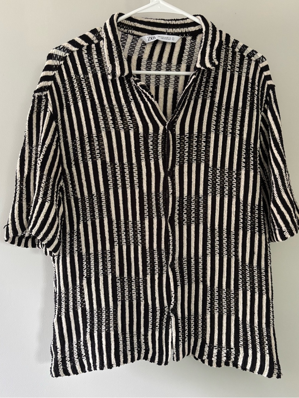 Zara Black & White Vertical-Striped Knit Button-Down